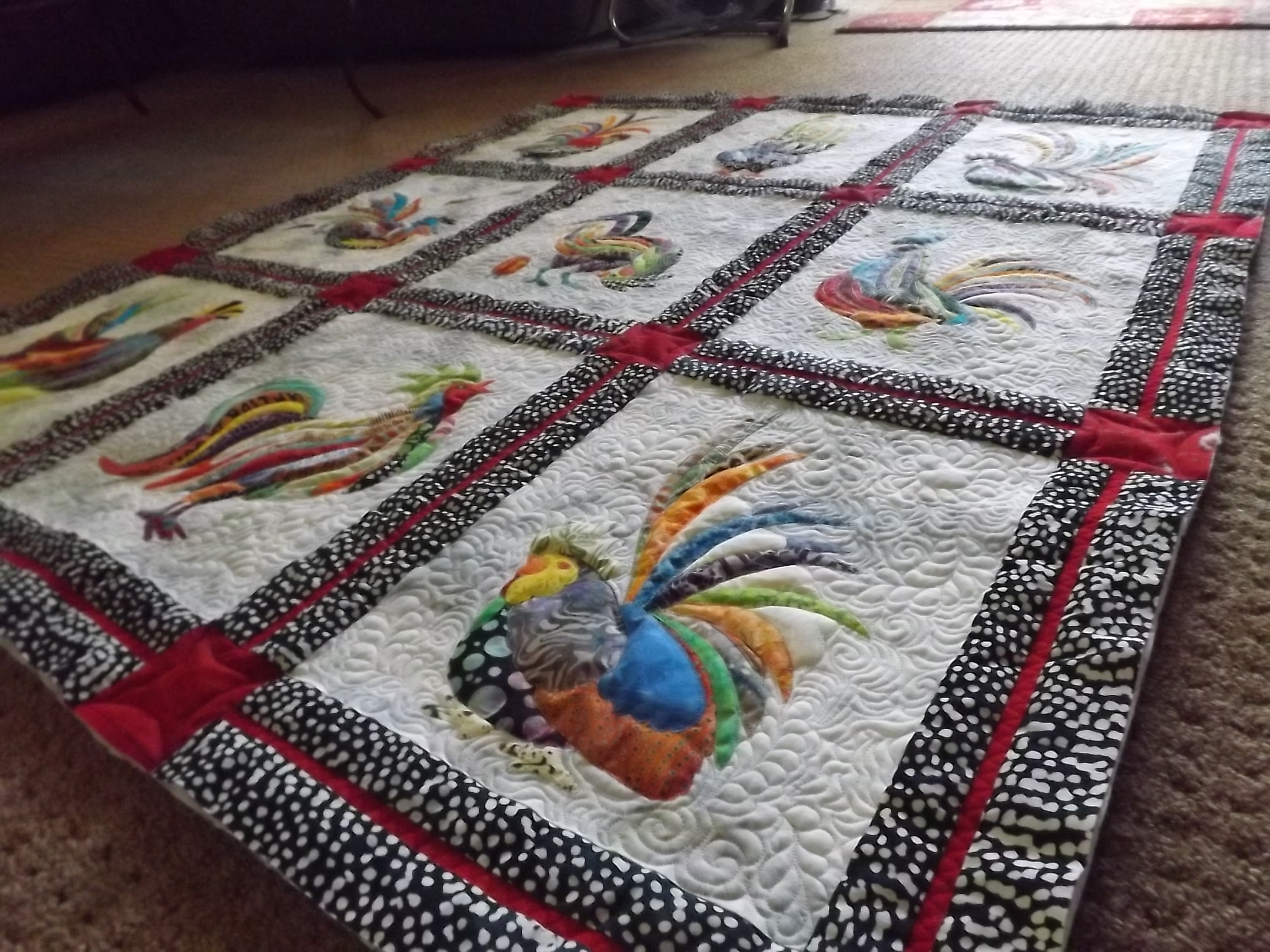 Radical Roosters quilt, now quilted.